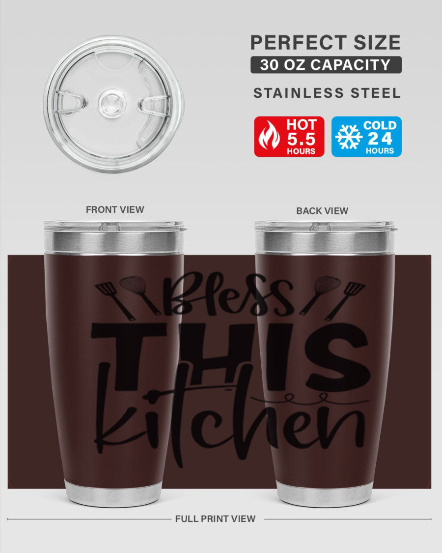 Bless This Kitchen 20oz Tumbler in stainless steel with a drink-thru lid, showcasing its sleek design and copper lining.