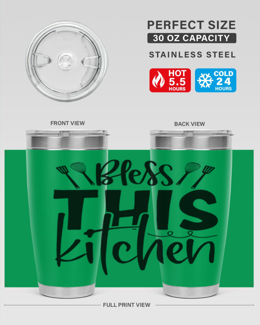 Bless This Kitchen 20oz Tumbler in stainless steel with a drink-thru lid, showcasing its sleek design and copper lining.