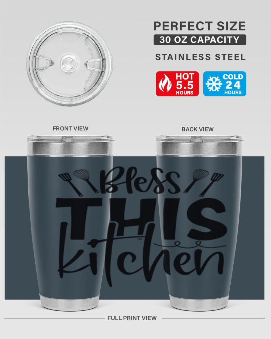 Bless This Kitchen 20oz Tumbler in stainless steel with a drink-thru lid, showcasing its sleek design and copper lining.