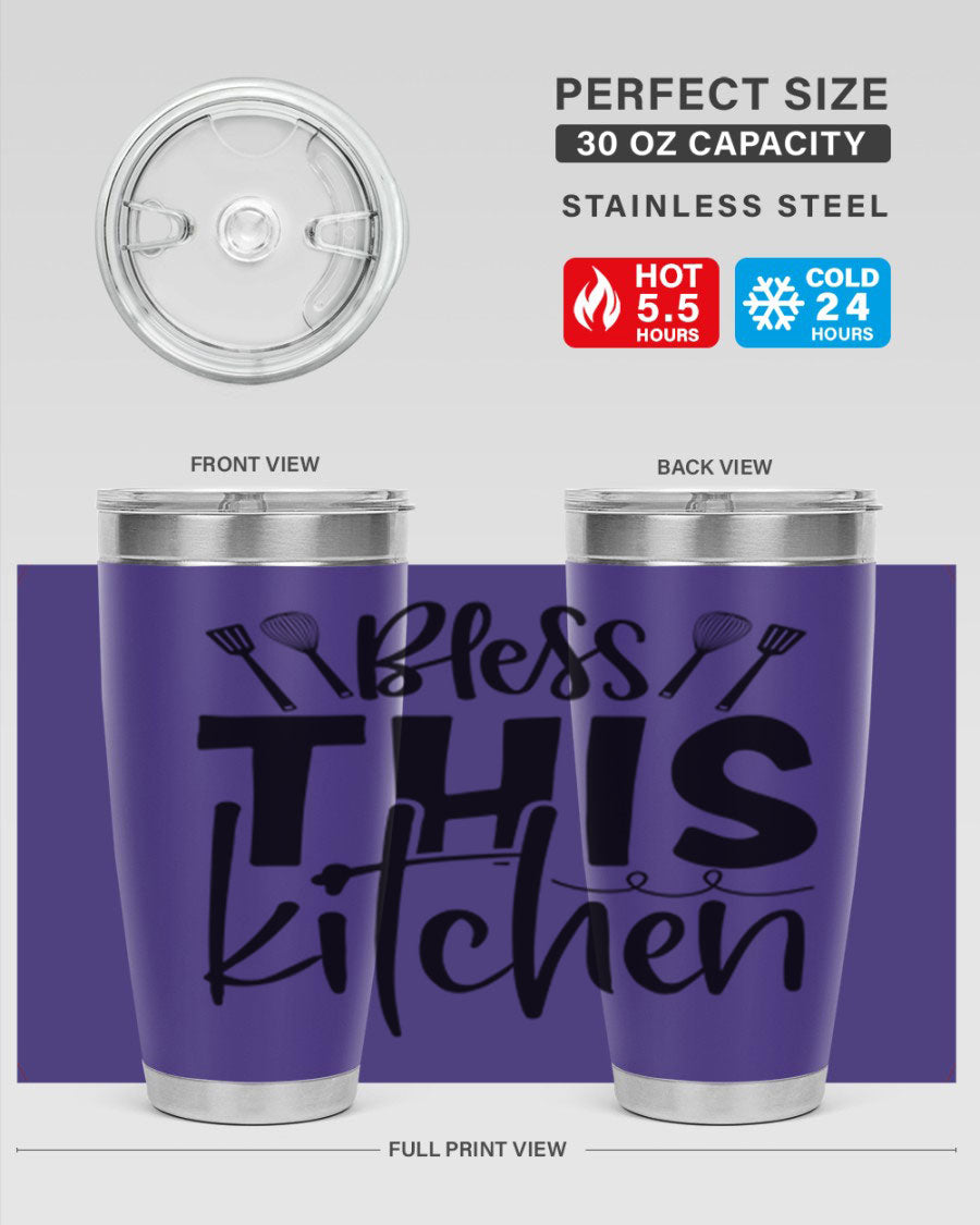 Bless This Kitchen 20oz Tumbler in stainless steel with a drink-thru lid, showcasing its sleek design and copper lining.