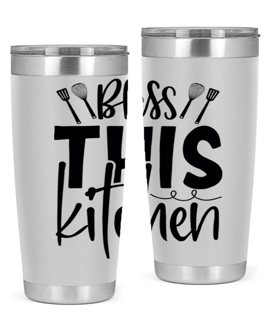 Bless This Kitchen 20oz Tumbler in stainless steel with a drink-thru lid, showcasing its sleek design and copper lining.