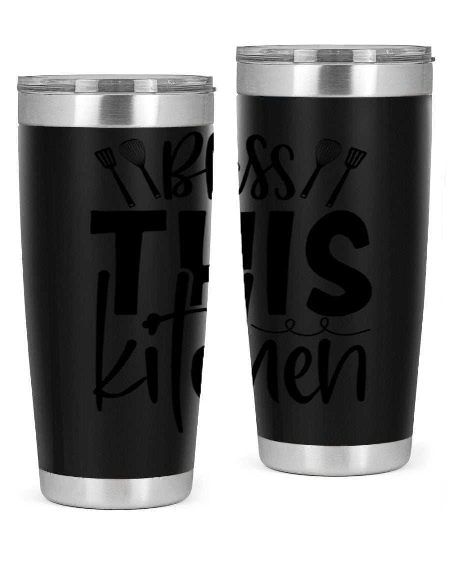 Bless This Kitchen 20oz Tumbler in stainless steel with a drink-thru lid, showcasing its sleek design and copper lining.