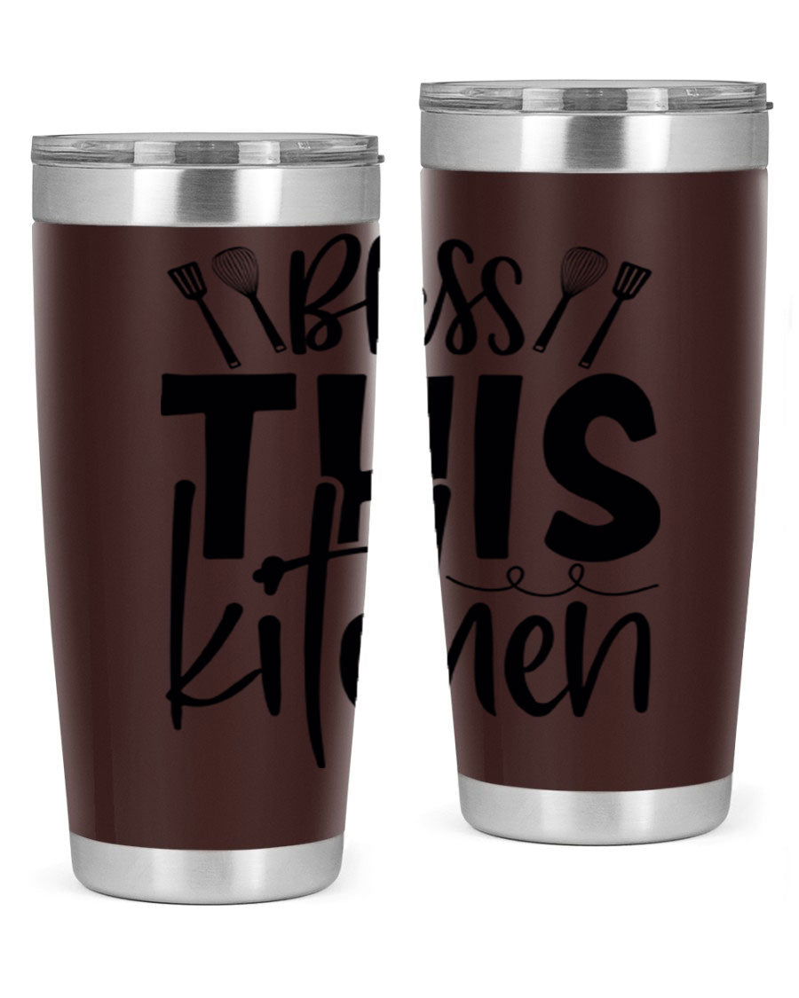 Bless This Kitchen 20oz Tumbler in stainless steel with a drink-thru lid, showcasing its sleek design and copper lining.