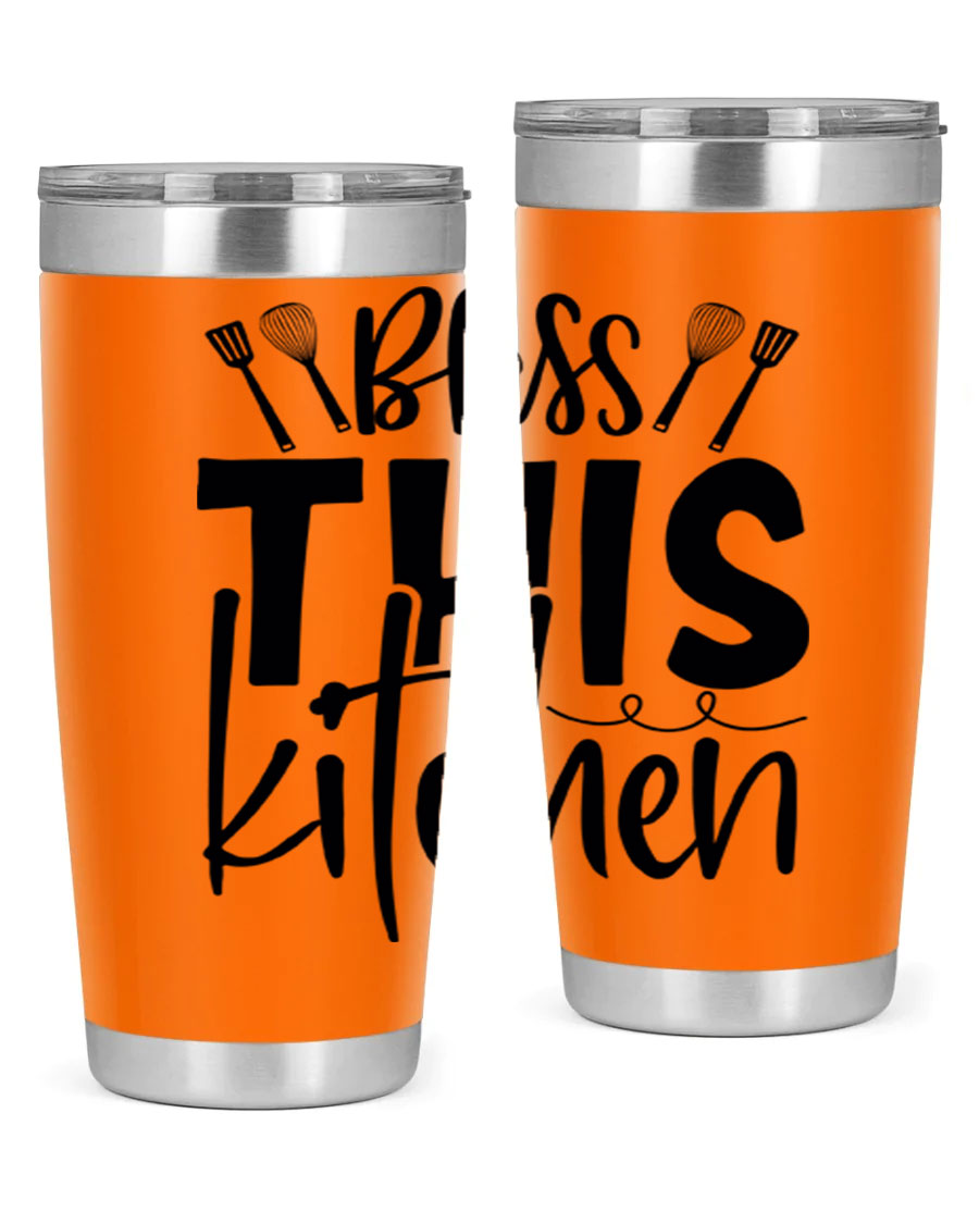 Bless This Kitchen 20oz Tumbler in stainless steel with a drink-thru lid, showcasing its sleek design and copper lining.