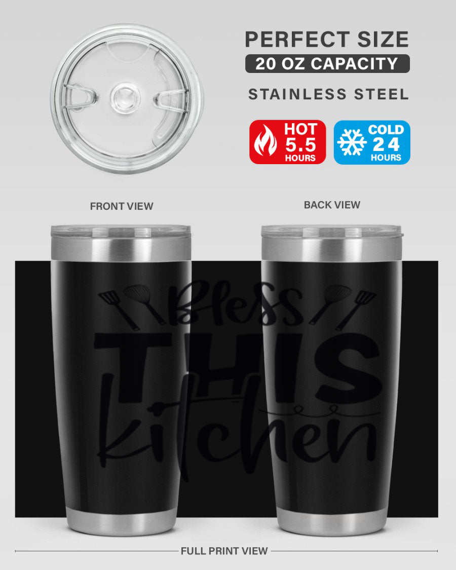 Bless This Kitchen 20oz Tumbler in stainless steel with a drink-thru lid, showcasing its sleek design and copper lining.