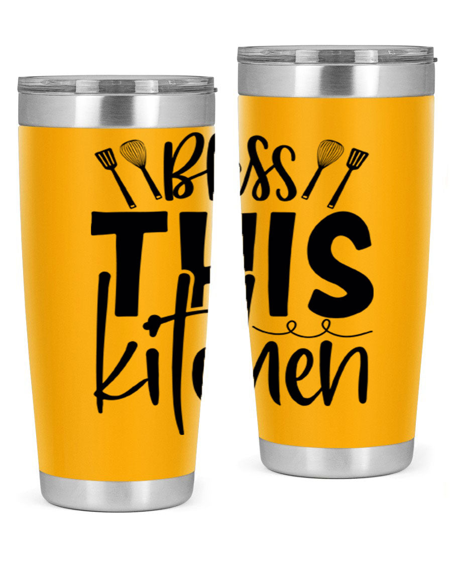 Bless This Kitchen 20oz Tumbler in stainless steel with a drink-thru lid, showcasing its sleek design and copper lining.