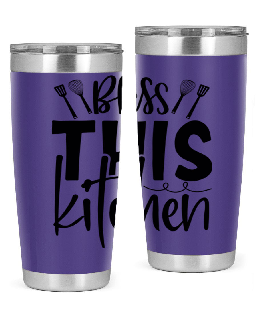 Bless This Kitchen 20oz Tumbler in stainless steel with a drink-thru lid, showcasing its sleek design and copper lining.