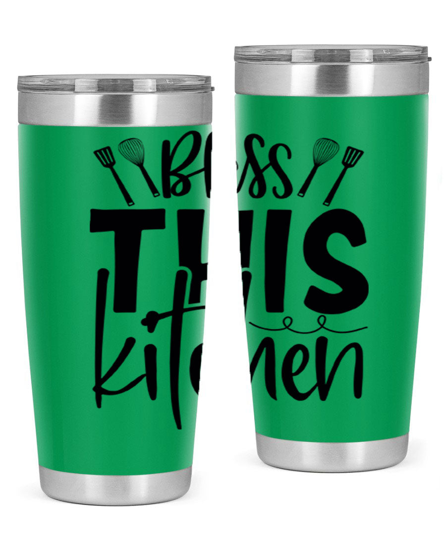 Bless This Kitchen 20oz Tumbler in stainless steel with a drink-thru lid, showcasing its sleek design and copper lining.