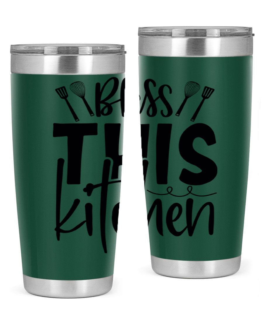Bless This Kitchen 20oz Tumbler in stainless steel with a drink-thru lid, showcasing its sleek design and copper lining.