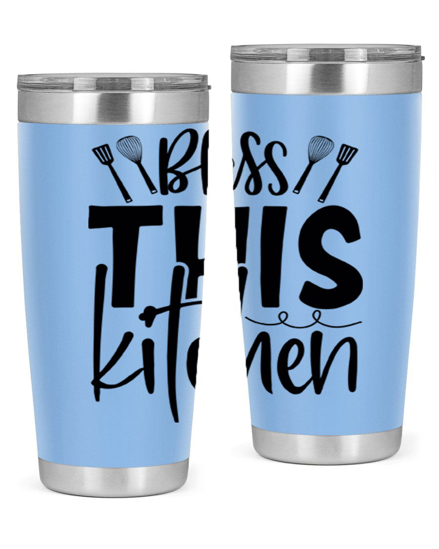 Bless This Kitchen 20oz Tumbler in stainless steel with a drink-thru lid, showcasing its sleek design and copper lining.