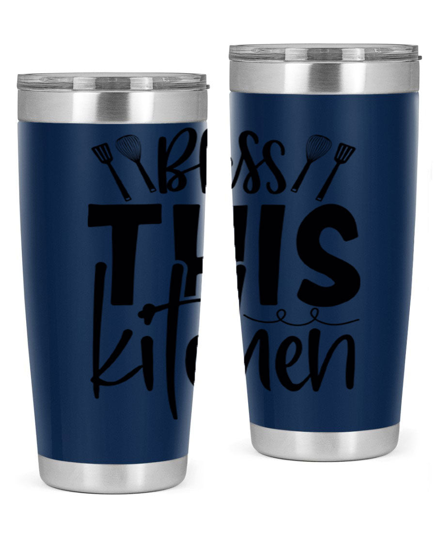Bless This Kitchen 20oz Tumbler in stainless steel with a drink-thru lid, showcasing its sleek design and copper lining.