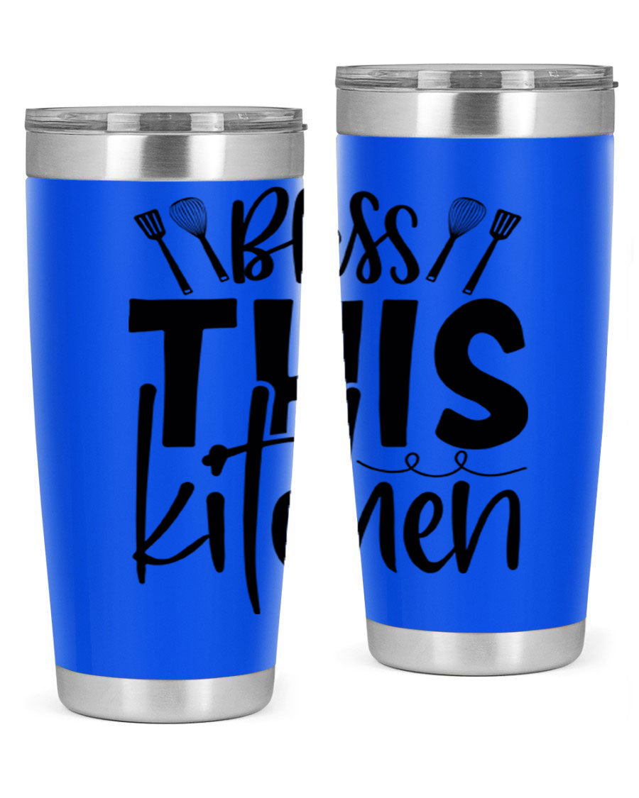Bless This Kitchen 20oz Tumbler in stainless steel with a drink-thru lid, showcasing its sleek design and copper lining.
