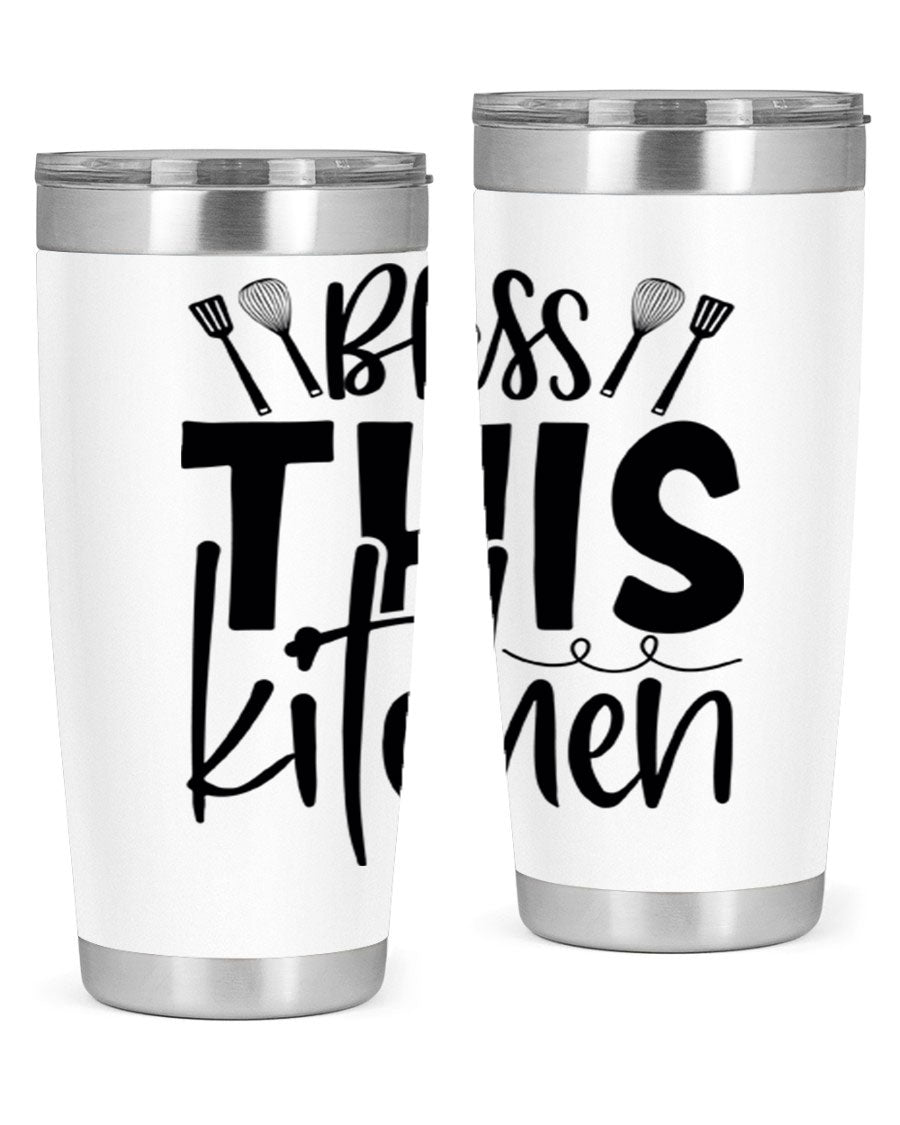 Bless This Kitchen 20oz Tumbler in stainless steel with a drink-thru lid, showcasing its sleek design and copper lining.