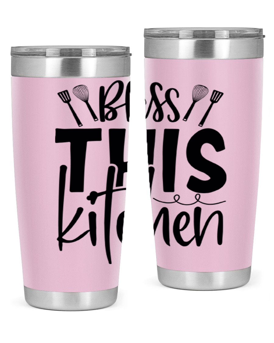 Bless This Kitchen 20oz Tumbler in stainless steel with a drink-thru lid, showcasing its sleek design and copper lining.
