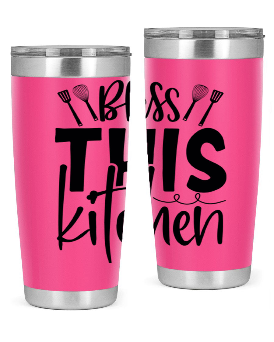 Bless This Kitchen 20oz Tumbler in stainless steel with a drink-thru lid, showcasing its sleek design and copper lining.