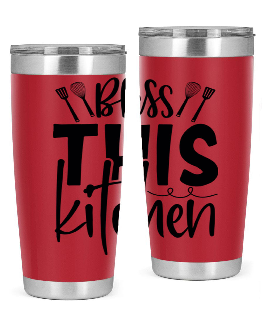 Bless This Kitchen 20oz Tumbler in stainless steel with a drink-thru lid, showcasing its sleek design and copper lining.