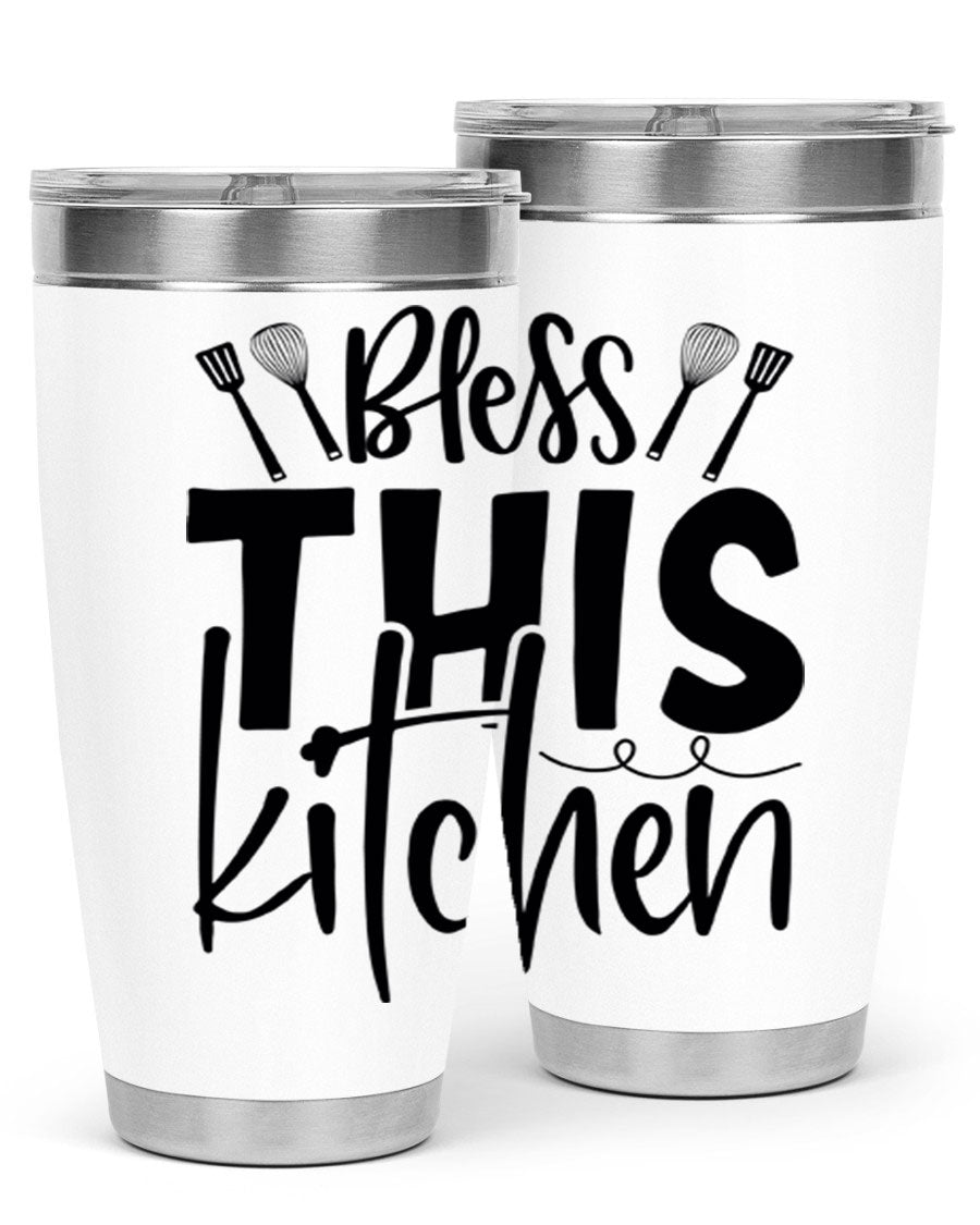 Bless This Kitchen 20oz Tumbler in stainless steel with a drink-thru lid, showcasing its sleek design and copper lining.