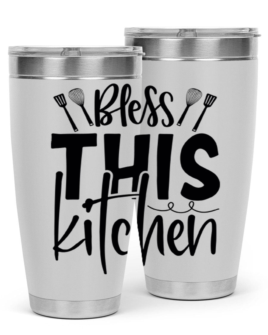 Bless This Kitchen 20oz Tumbler in stainless steel with a drink-thru lid, showcasing its sleek design and copper lining.