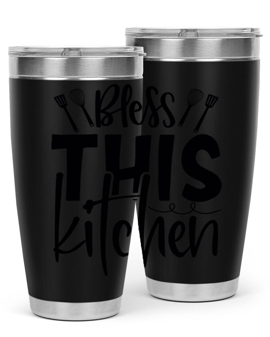 Bless This Kitchen 20oz Tumbler in stainless steel with a drink-thru lid, showcasing its sleek design and copper lining.