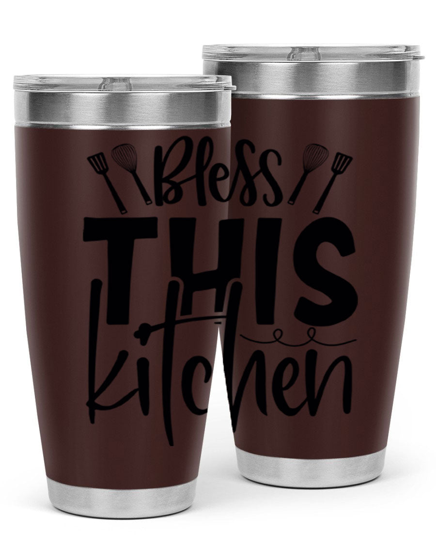 Bless This Kitchen 20oz Tumbler in stainless steel with a drink-thru lid, showcasing its sleek design and copper lining.