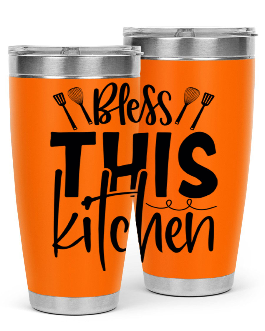 Bless This Kitchen 20oz Tumbler in stainless steel with a drink-thru lid, showcasing its sleek design and copper lining.