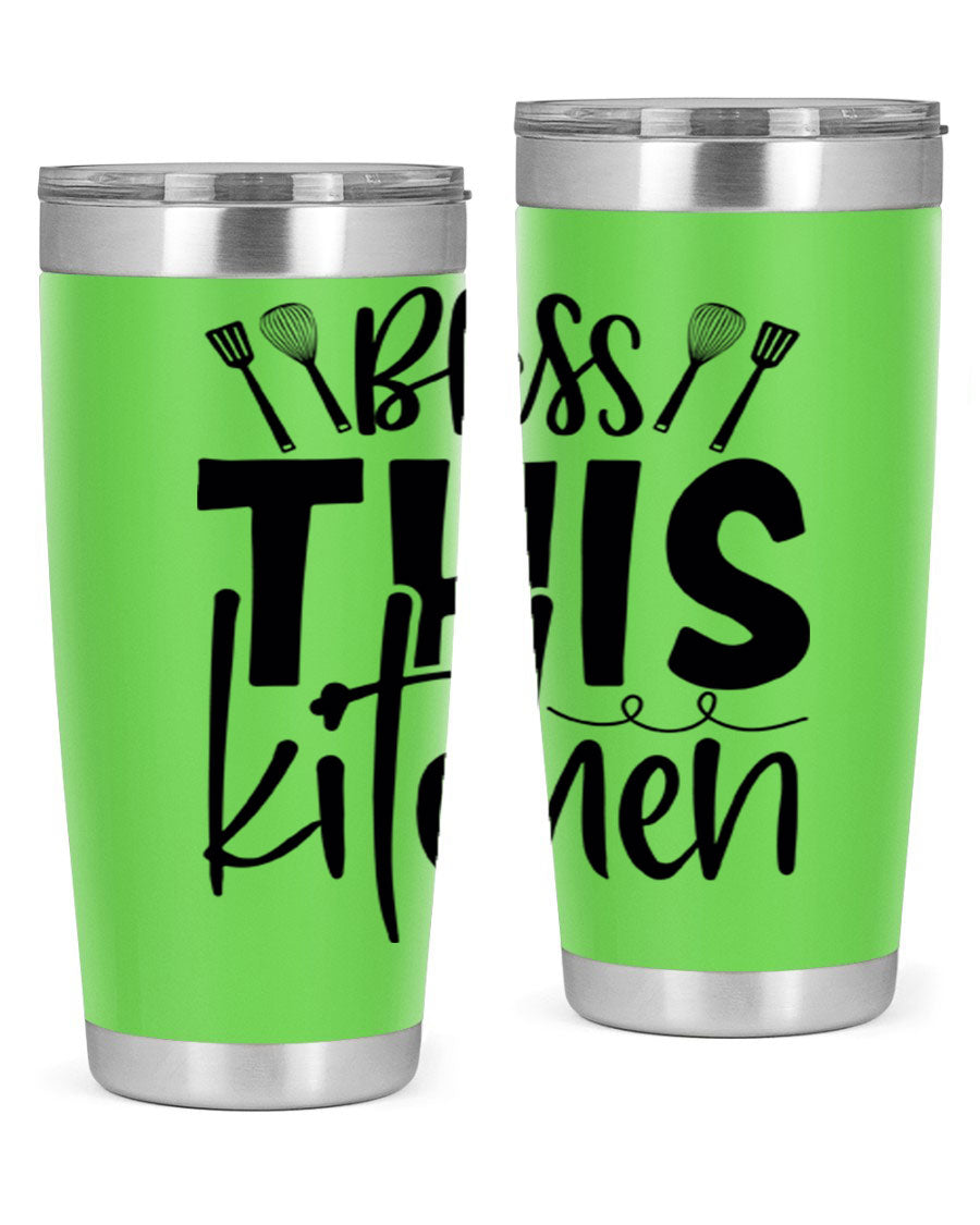 Bless This Kitchen 20oz Tumbler in stainless steel with a drink-thru lid, showcasing its sleek design and copper lining.