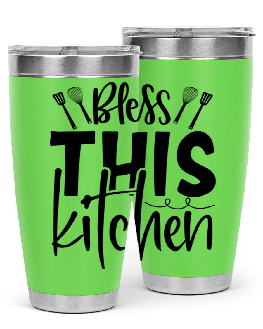 Bless This Kitchen 20oz Tumbler in stainless steel with a drink-thru lid, showcasing its sleek design and copper lining.