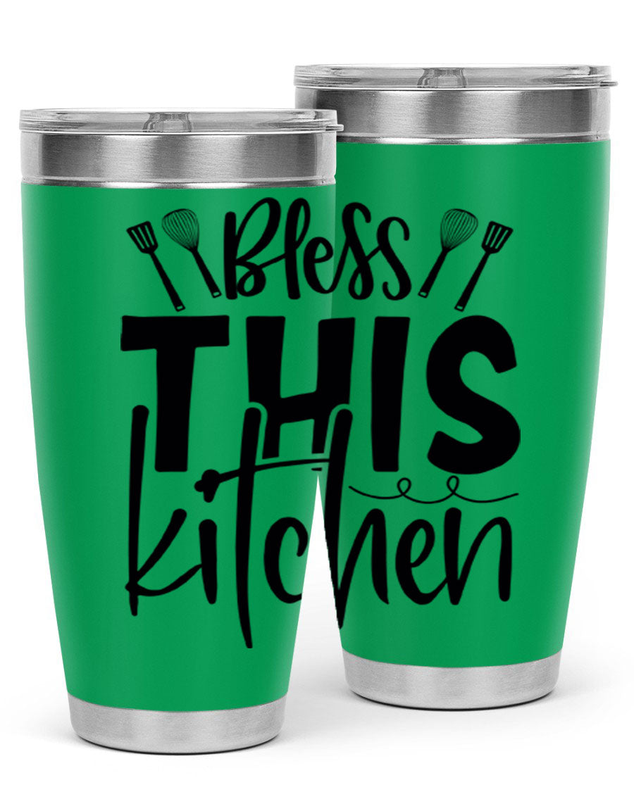 Bless This Kitchen 20oz Tumbler in stainless steel with a drink-thru lid, showcasing its sleek design and copper lining.
