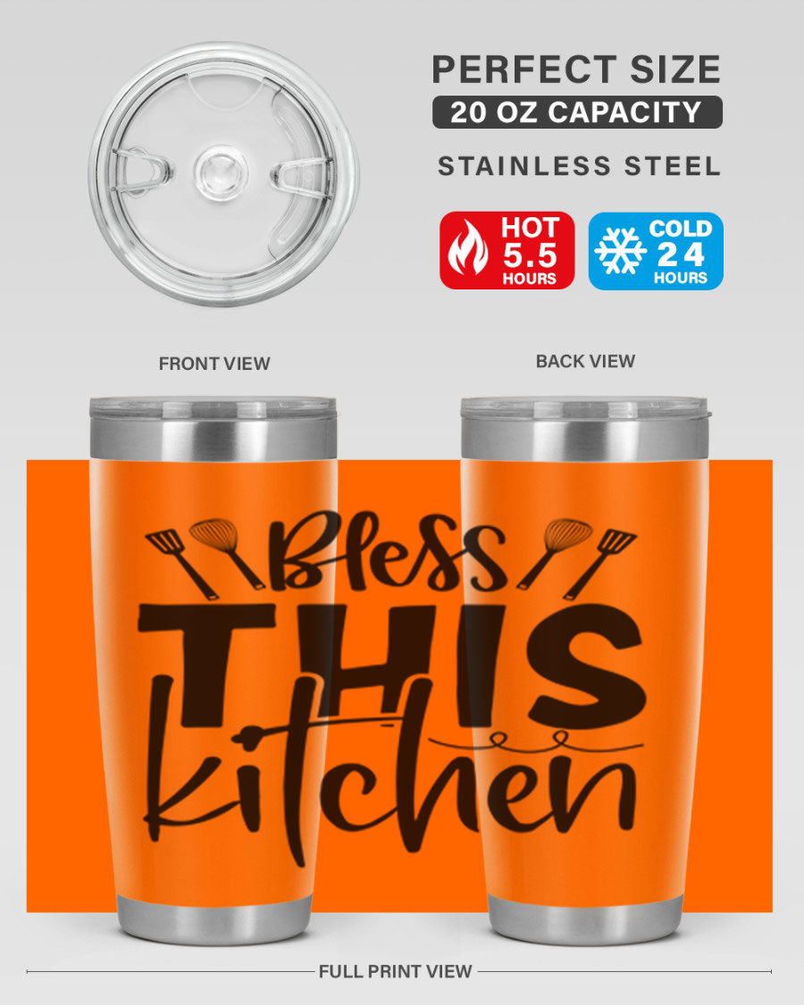 Bless This Kitchen 20oz Tumbler in stainless steel with a drink-thru lid, showcasing its sleek design and copper lining.