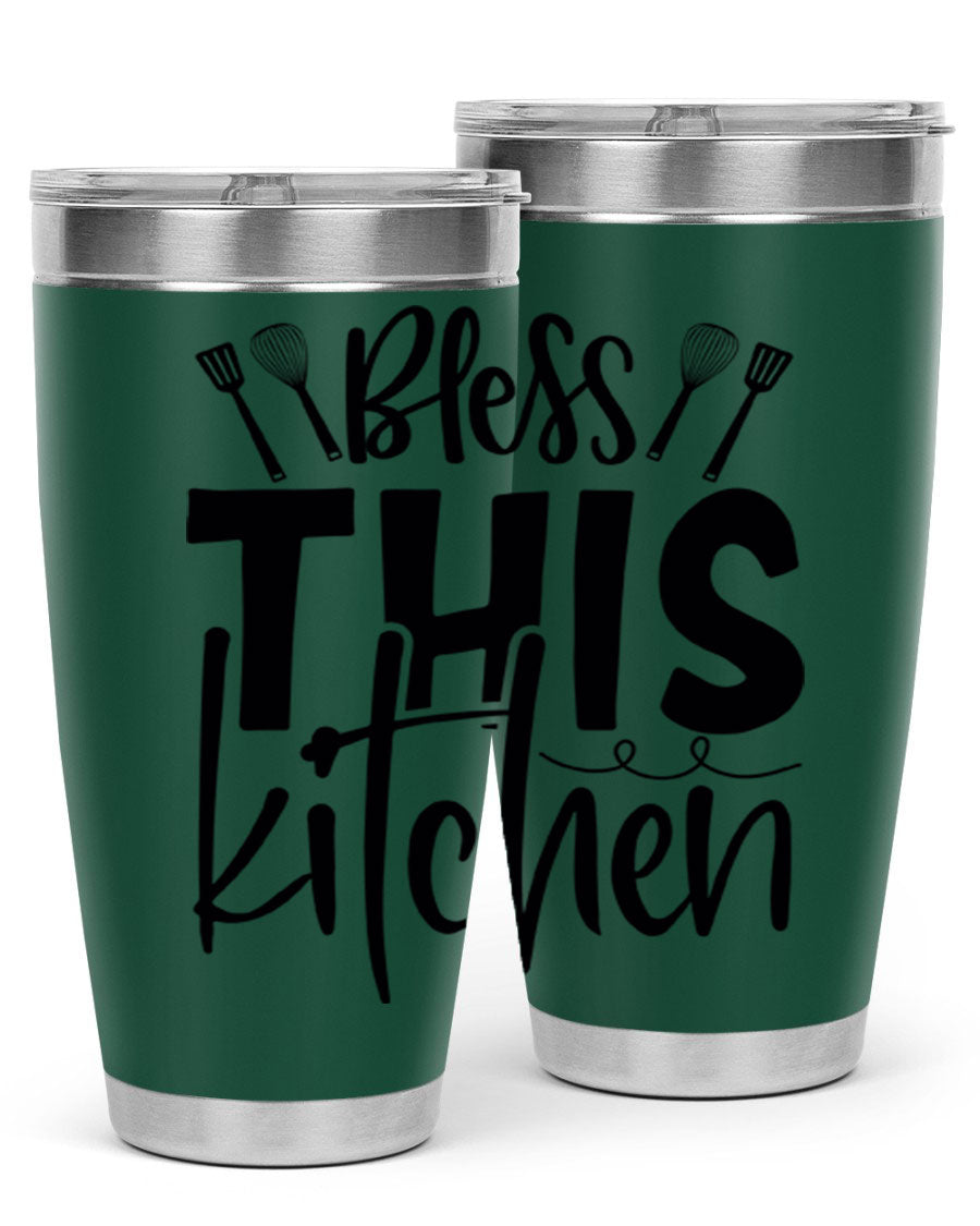 Bless This Kitchen 20oz Tumbler in stainless steel with a drink-thru lid, showcasing its sleek design and copper lining.