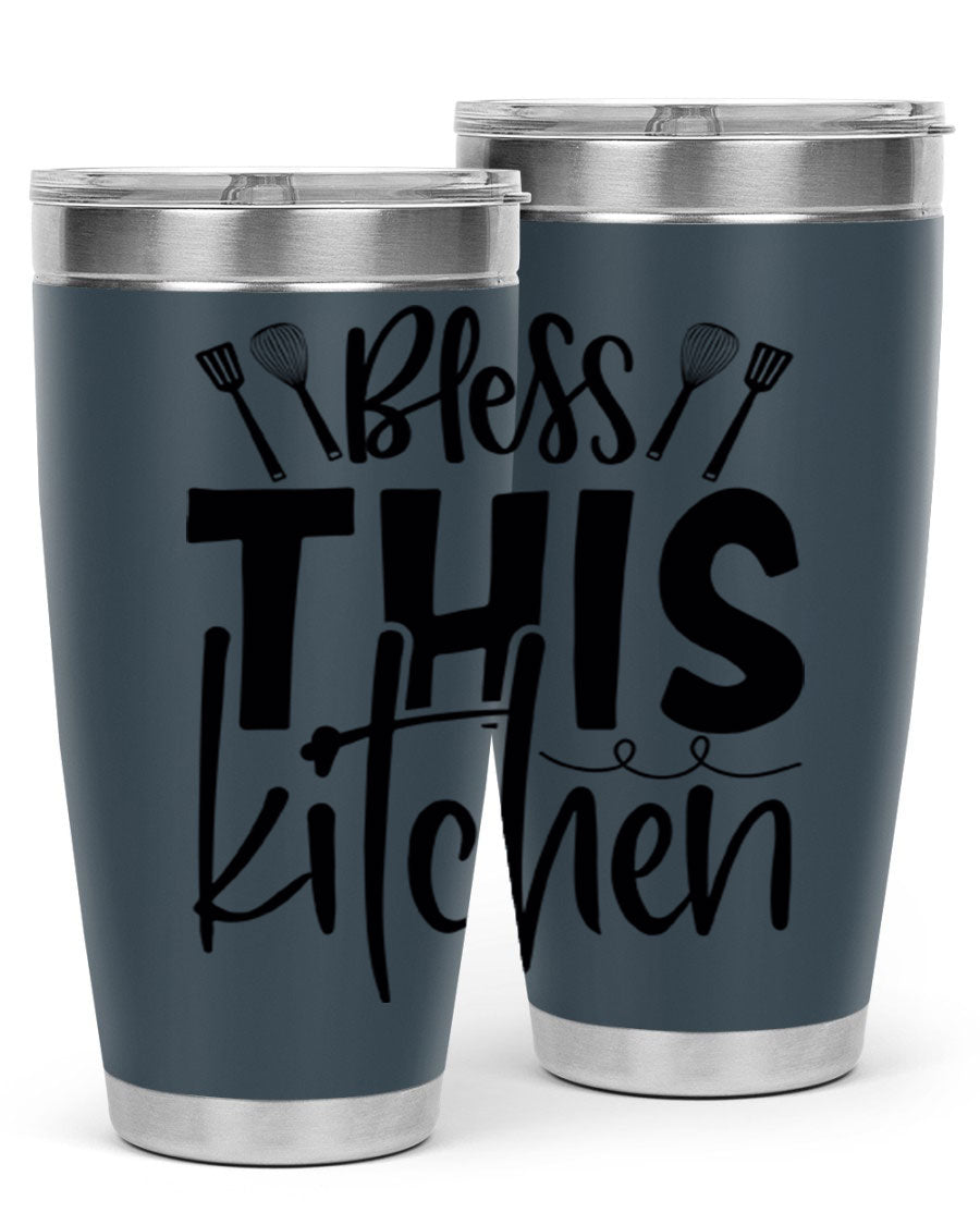 Bless This Kitchen 20oz Tumbler in stainless steel with a drink-thru lid, showcasing its sleek design and copper lining.