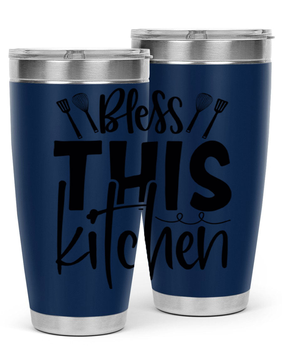 Bless This Kitchen 20oz Tumbler in stainless steel with a drink-thru lid, showcasing its sleek design and copper lining.