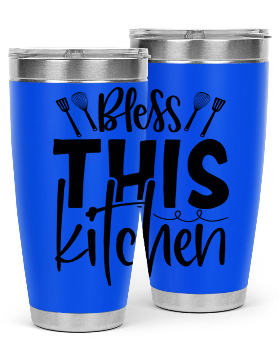 Bless This Kitchen 20oz Tumbler in stainless steel with a drink-thru lid, showcasing its sleek design and copper lining.