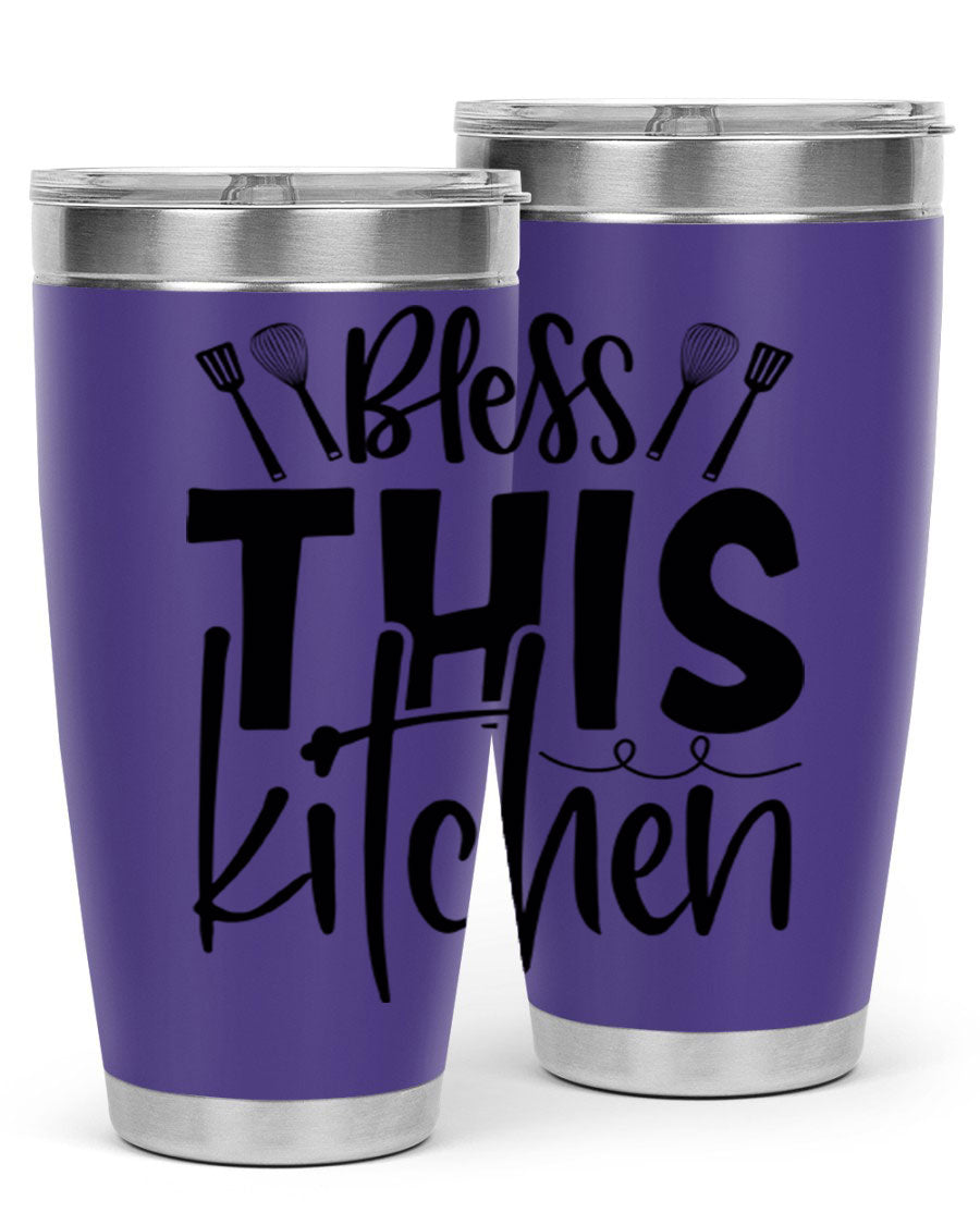 Bless This Kitchen 20oz Tumbler in stainless steel with a drink-thru lid, showcasing its sleek design and copper lining.