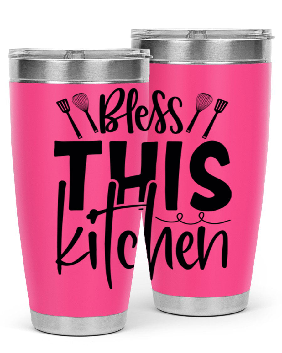 Bless This Kitchen 20oz Tumbler in stainless steel with a drink-thru lid, showcasing its sleek design and copper lining.