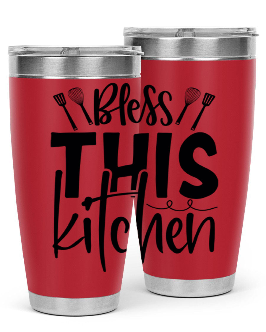 Bless This Kitchen 20oz Tumbler in stainless steel with a drink-thru lid, showcasing its sleek design and copper lining.