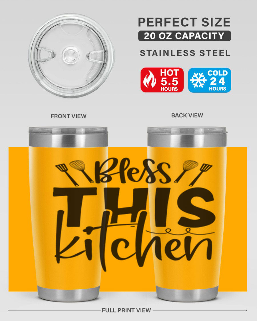 Bless This Kitchen 20oz Tumbler in stainless steel with a drink-thru lid, showcasing its sleek design and copper lining.