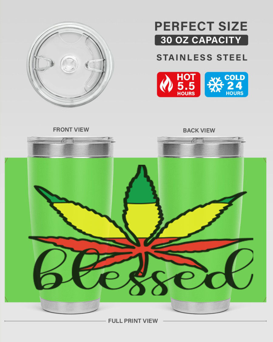 Blessed Cannabis Jamaican 18# Tumbler, a stylish 20oz double wall vacuum stainless steel tumbler with copper lining and drink-thru lid.