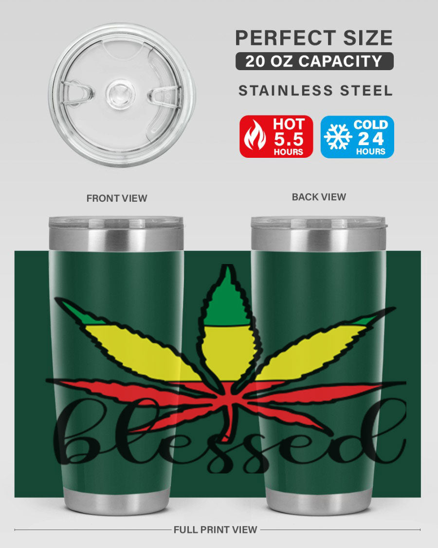 Blessed Cannabis Jamaican 18# Tumbler, a stylish 20oz double wall vacuum stainless steel tumbler with copper lining and drink-thru lid.