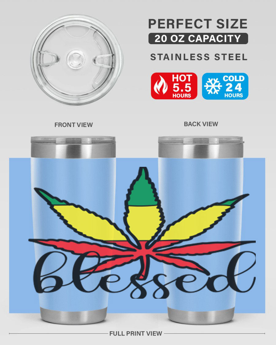 Blessed Cannabis Jamaican 18# Tumbler, a stylish 20oz double wall vacuum stainless steel tumbler with copper lining and drink-thru lid.