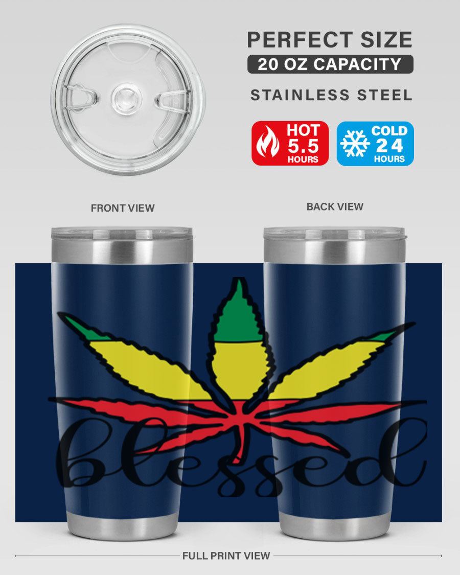 Blessed Cannabis Jamaican 18# Tumbler, a stylish 20oz double wall vacuum stainless steel tumbler with copper lining and drink-thru lid.