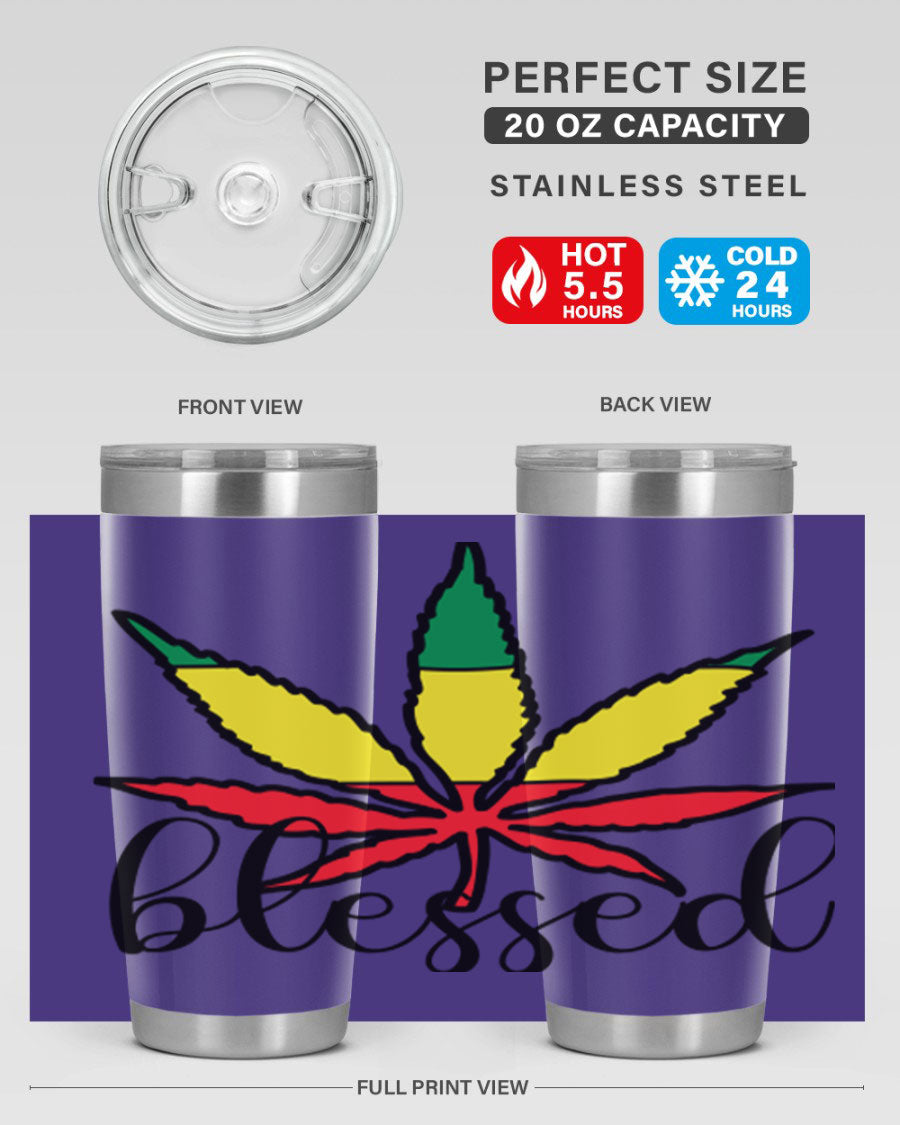 Blessed Cannabis Jamaican 18# Tumbler, a stylish 20oz double wall vacuum stainless steel tumbler with copper lining and drink-thru lid.