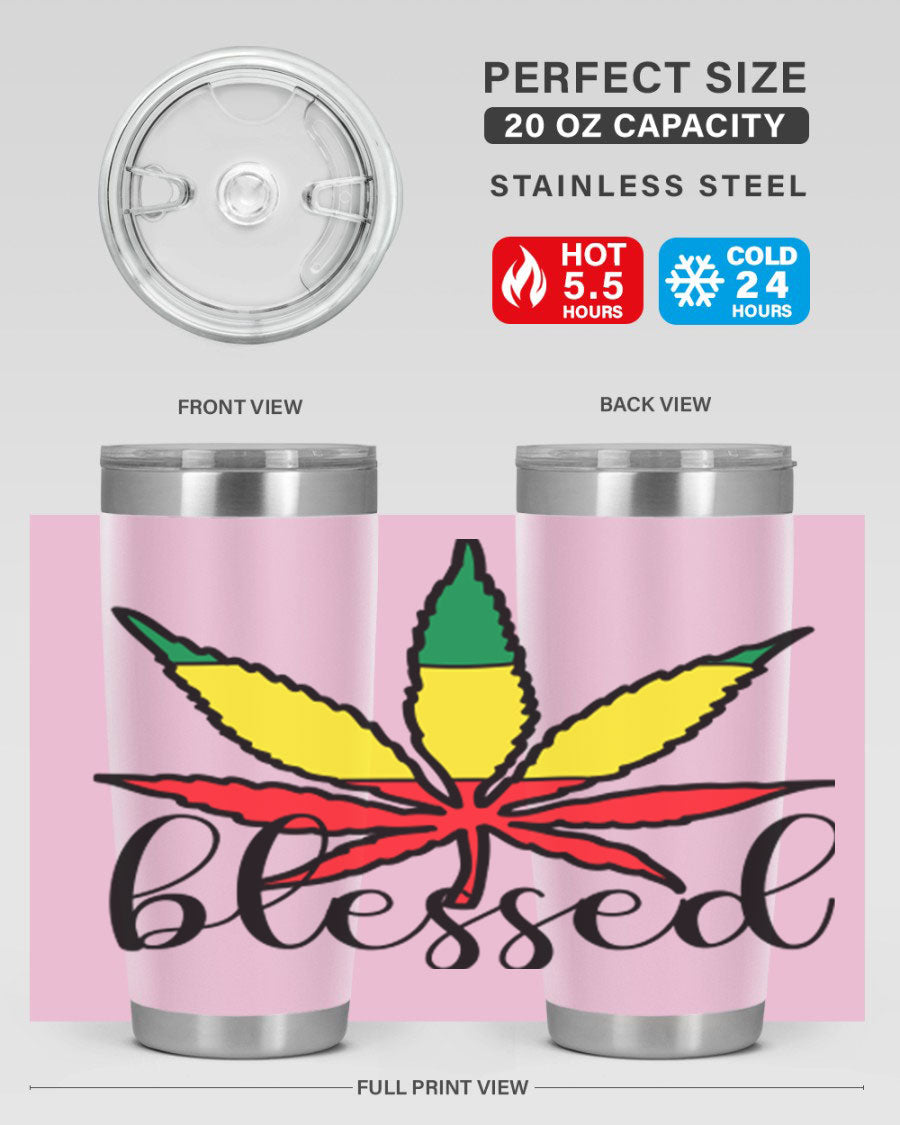 Blessed Cannabis Jamaican 18# Tumbler, a stylish 20oz double wall vacuum stainless steel tumbler with copper lining and drink-thru lid.