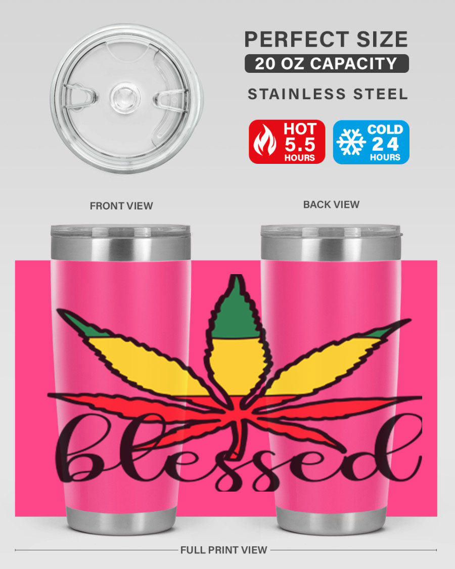 Blessed Cannabis Jamaican 18# Tumbler, a stylish 20oz double wall vacuum stainless steel tumbler with copper lining and drink-thru lid.