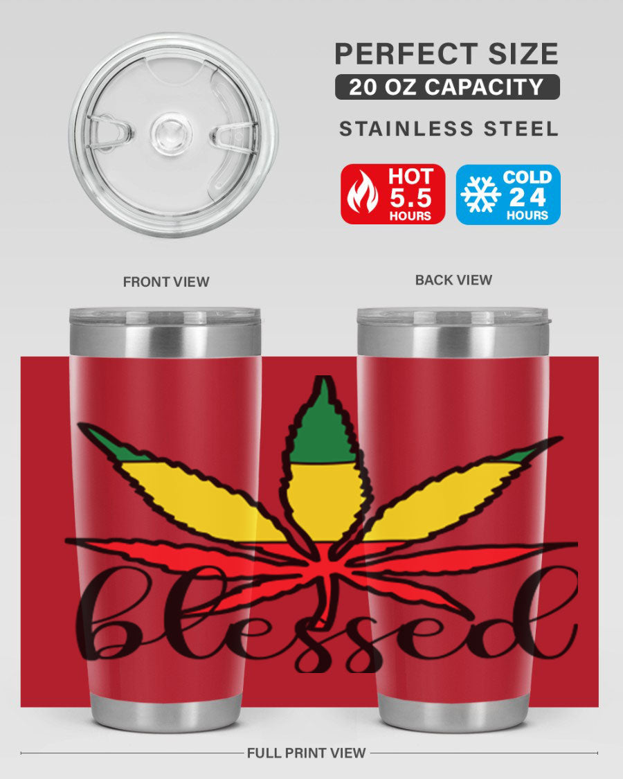 Blessed Cannabis Jamaican 18# Tumbler, a stylish 20oz double wall vacuum stainless steel tumbler with copper lining and drink-thru lid.