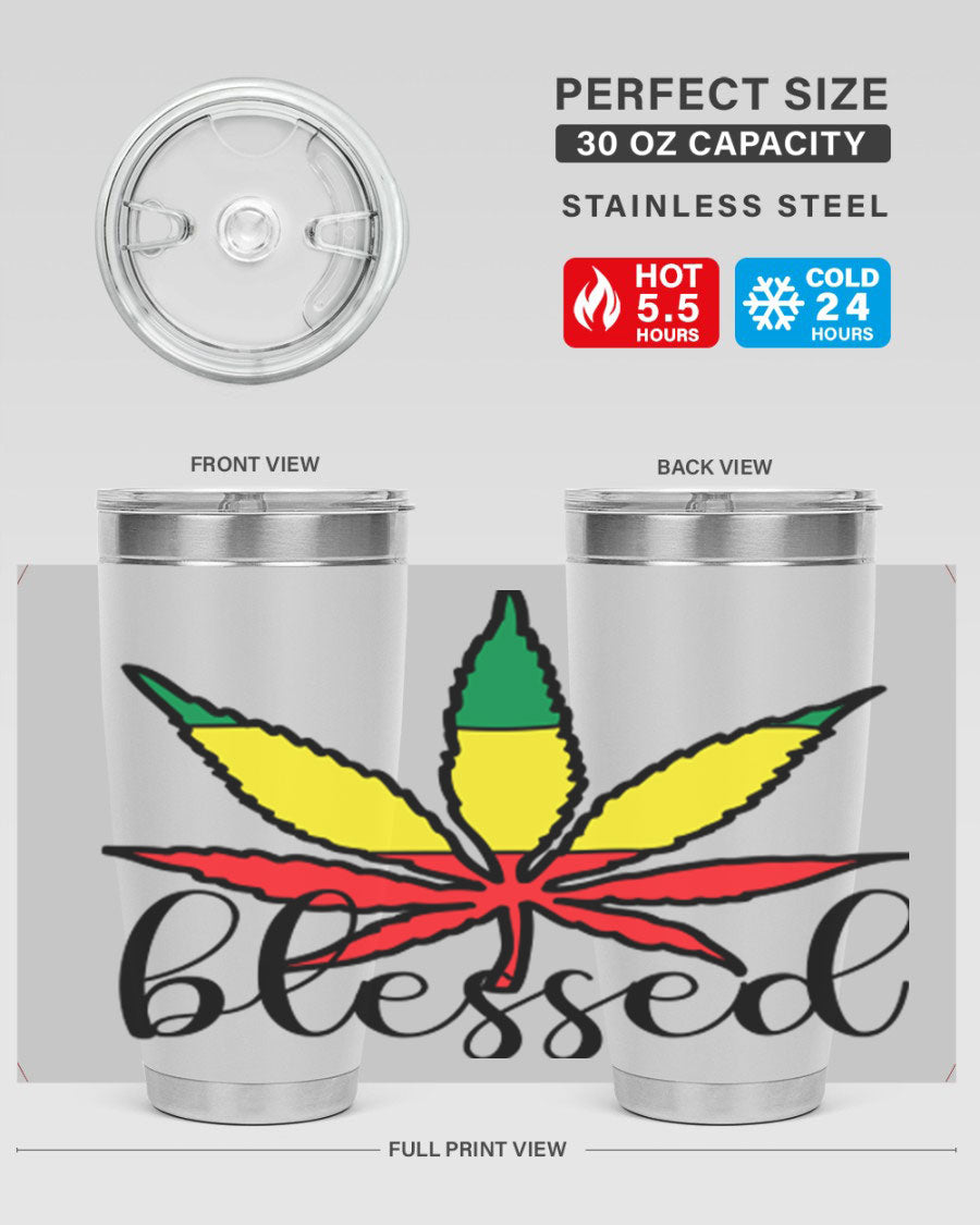 Blessed Cannabis Jamaican 18# Tumbler, a stylish 20oz double wall vacuum stainless steel tumbler with copper lining and drink-thru lid.