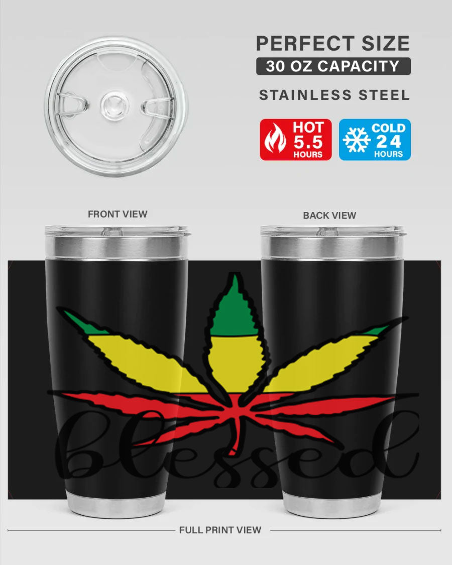 Blessed Cannabis Jamaican 18# Tumbler, a stylish 20oz double wall vacuum stainless steel tumbler with copper lining and drink-thru lid.