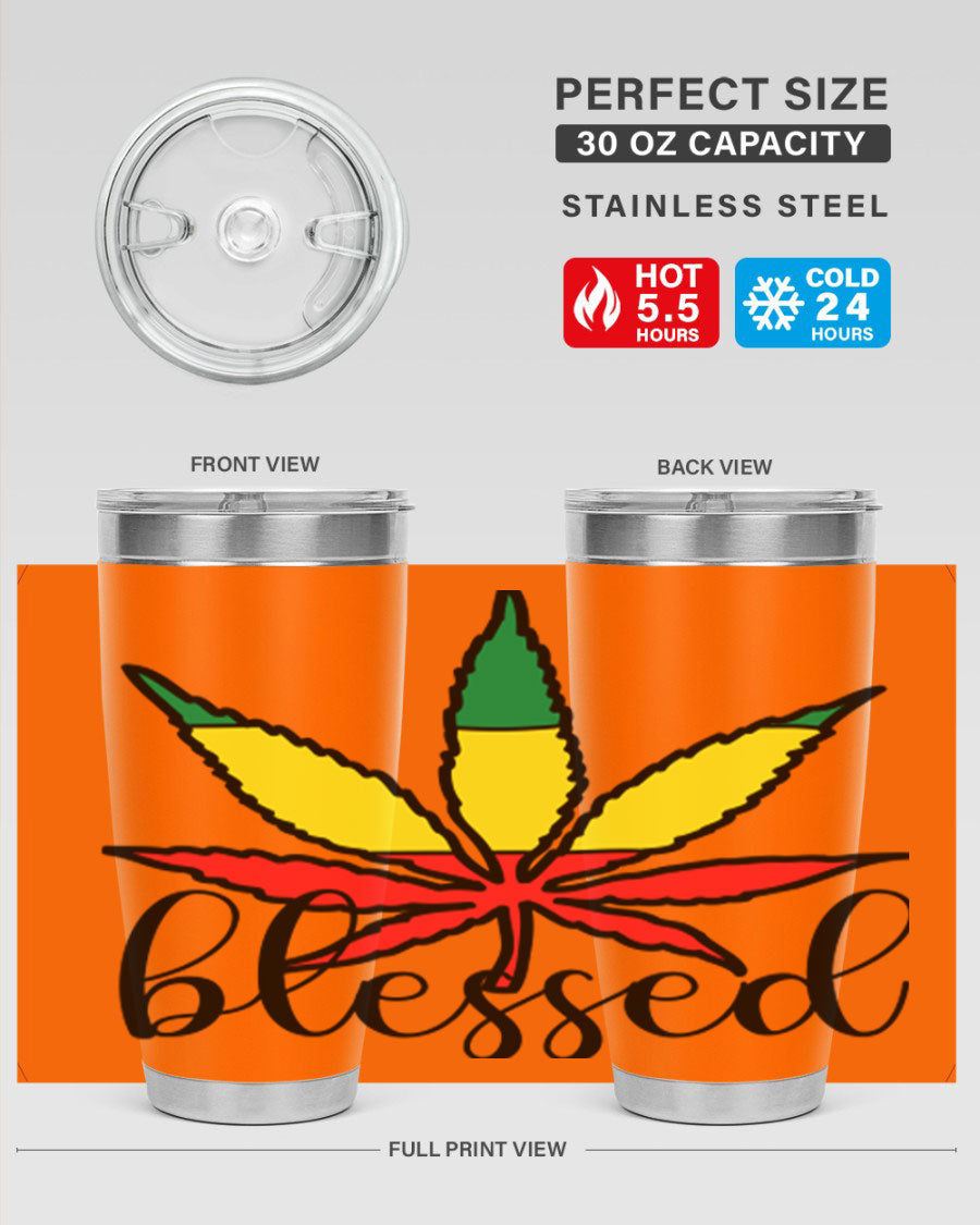 Blessed Cannabis Jamaican 18# Tumbler, a stylish 20oz double wall vacuum stainless steel tumbler with copper lining and drink-thru lid.