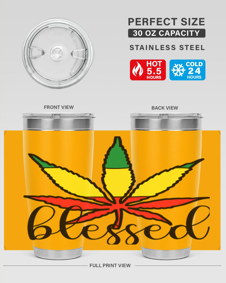 Blessed Cannabis Jamaican 18# Tumbler, a stylish 20oz double wall vacuum stainless steel tumbler with copper lining and drink-thru lid.