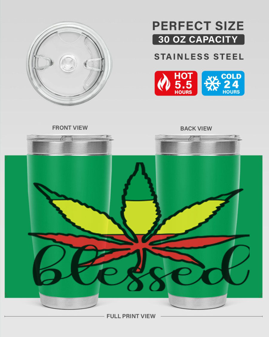 Blessed Cannabis Jamaican 18# Tumbler, a stylish 20oz double wall vacuum stainless steel tumbler with copper lining and drink-thru lid.